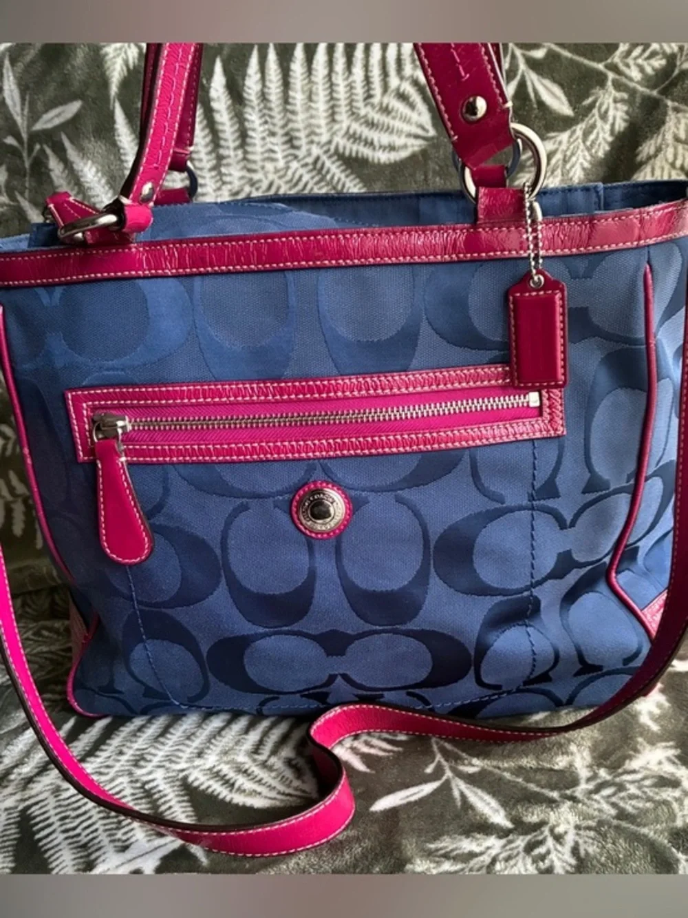 Coach Navy Signature shoulder Bag with Pink Leather Trim